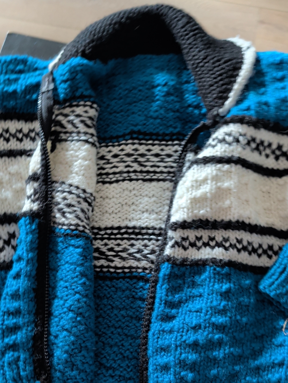 Childs Vintage Blue Hand Knit Zip-Up Sweater with Black & White Stripe